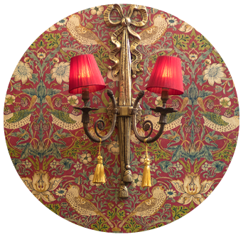 Antique Wall Lights with Red Lamp Shade on Restaurant Wall