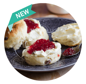 New to the Menu Traditional Cream Tea Scones with Cream and Jam