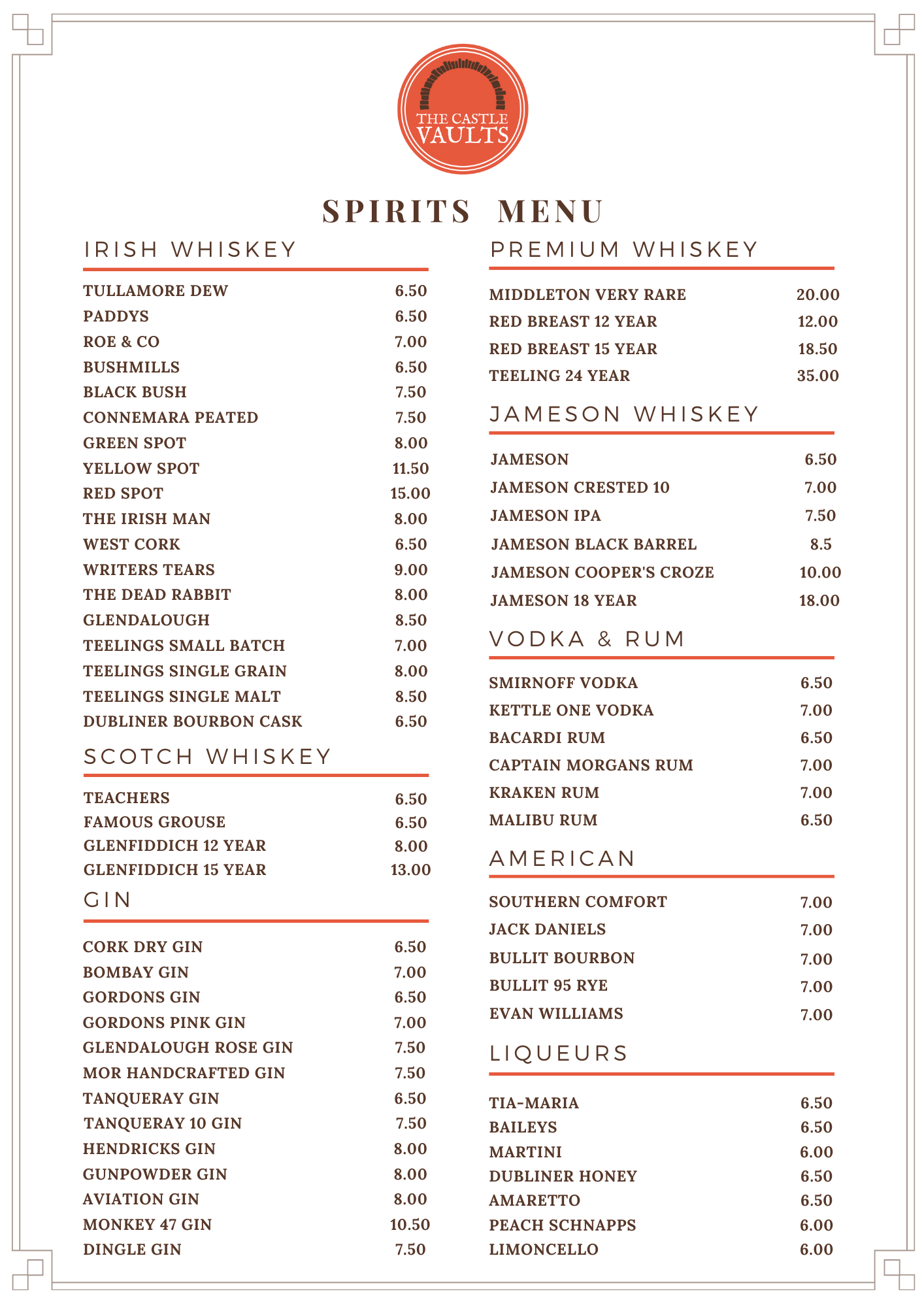 Spirits Menu List Dublin