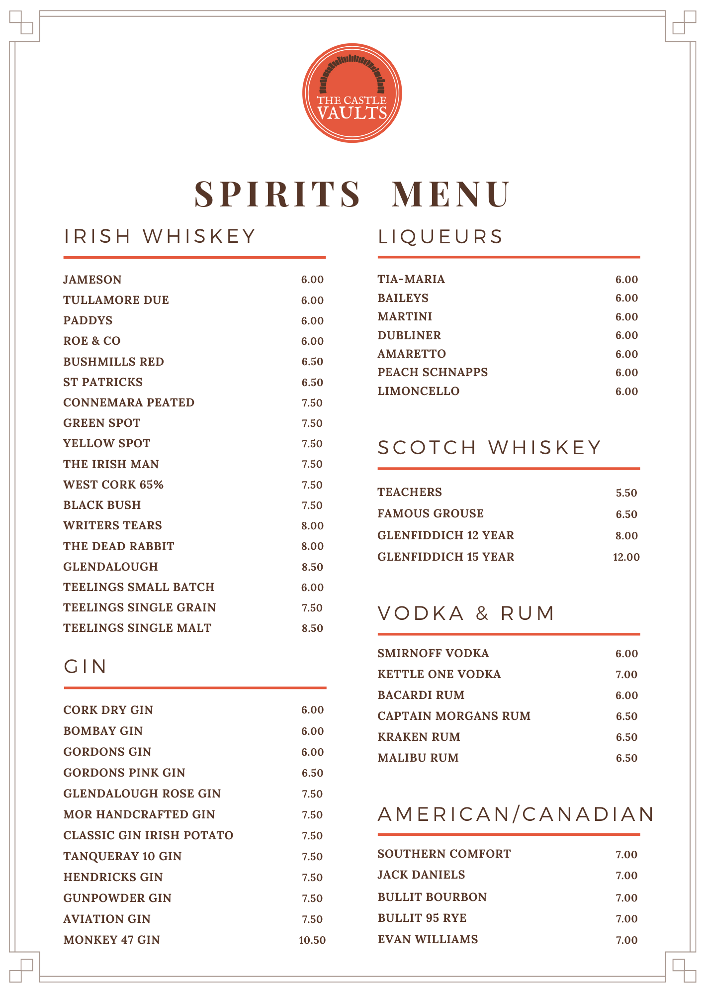 Spirits Menu List Dublin