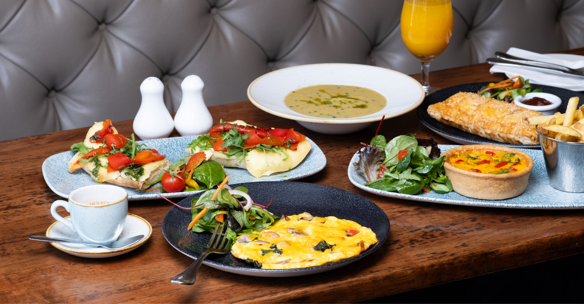 Lunch, Kids Menu in Old Music Shop restaurant, DUblin 1, Sandwiches, glass of orange juice, bruschetta, egg omelette