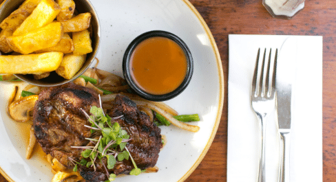 Menus Button with steak and thick cut chips and peppercorn sauce