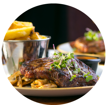 Irish Beef Steak with Brandy Pepper Sauce, Mushrooms and Chips at Old Music Shop Restaurant Dublin