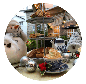 Festive Afternoon Tea in Garden Terrace with Georgian Windows and snowmen