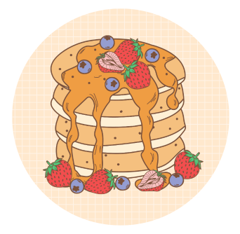 Pancake Tuesday Stack with strawberries, blueberries and sauce oozing over the top