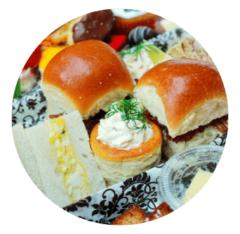 egg and cress sandwich, Brioche with BBQ Irish Beef and Horseradish and a Salmon and Cream Cheese Vol au Vent 