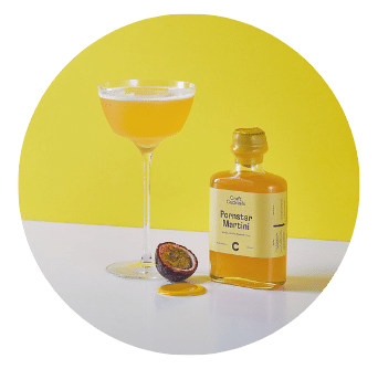 Craft Cocktail Pornstar Martini Take Away bottle Glass and passion fruit on yellow background. 