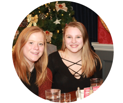 Two young women celebrate Thanksgiving Dinner in Dublin at Old Music Shop Restaurant Castle Hotel 