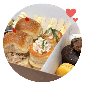 Brioche Buns and Vol au Vents and other Afternoon Tea savouries and desserts in a box with hearts