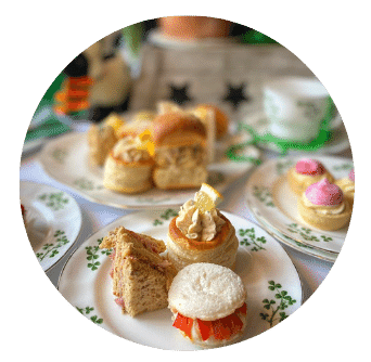 Salmon Vol au vent and other savour sandwiches served on shamrock plates for Afternoon Tea at Home in Dublin 