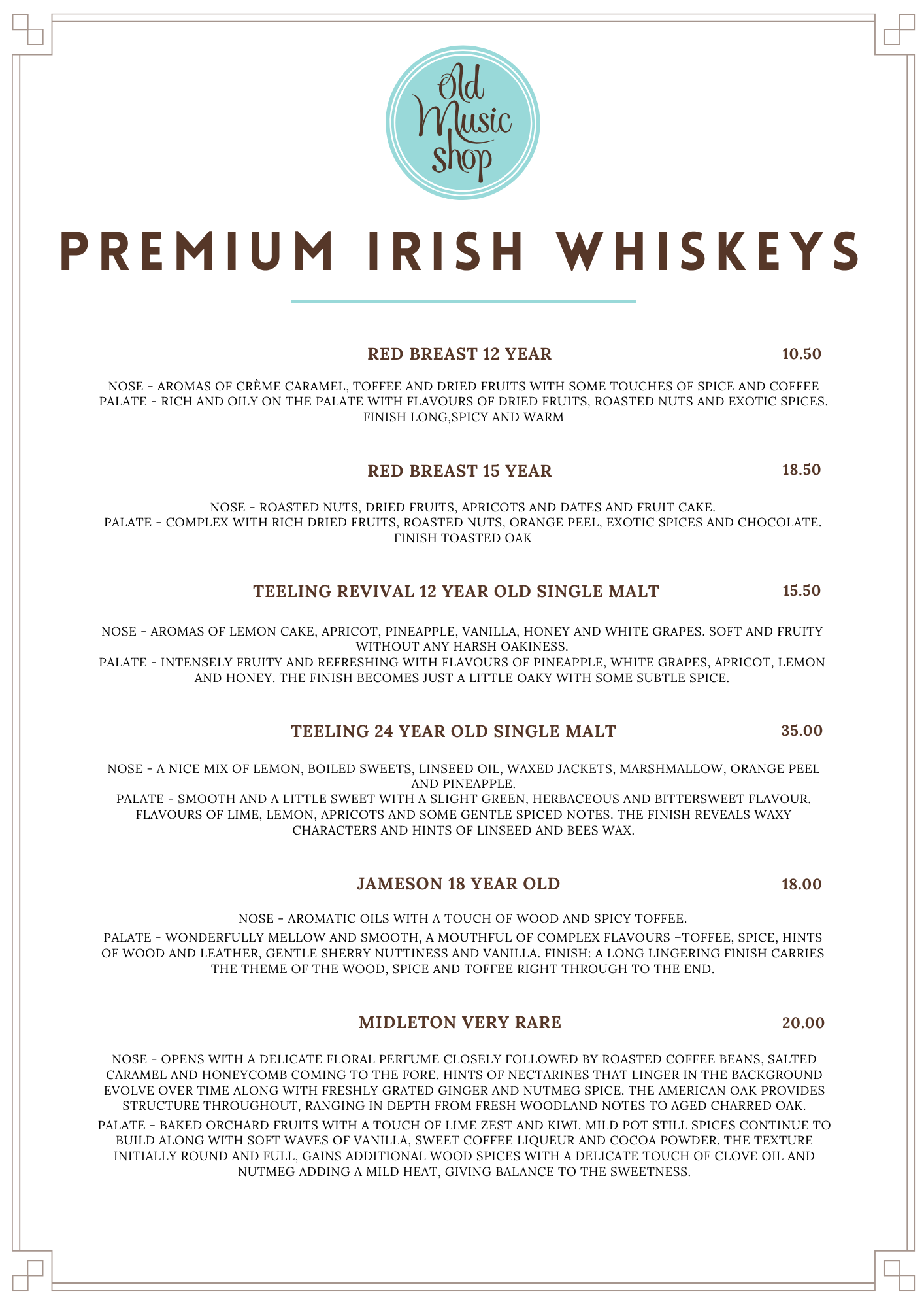 Old Music Shop, Premium Whiskey Menu 2025