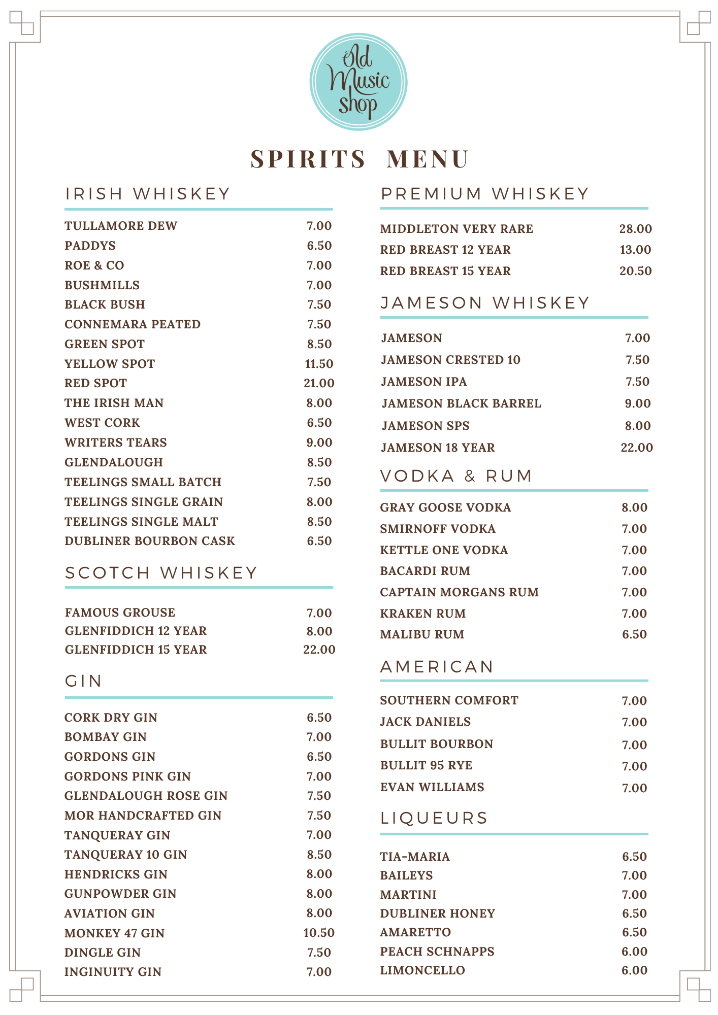 Old Music Shop Spirits Drink Menu 2025