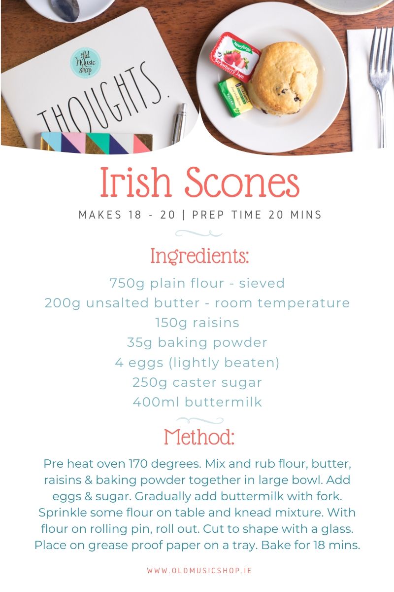 Irish Scones Recipe Card from Old Music Shop Restaurant Dublin listing ingredients and method